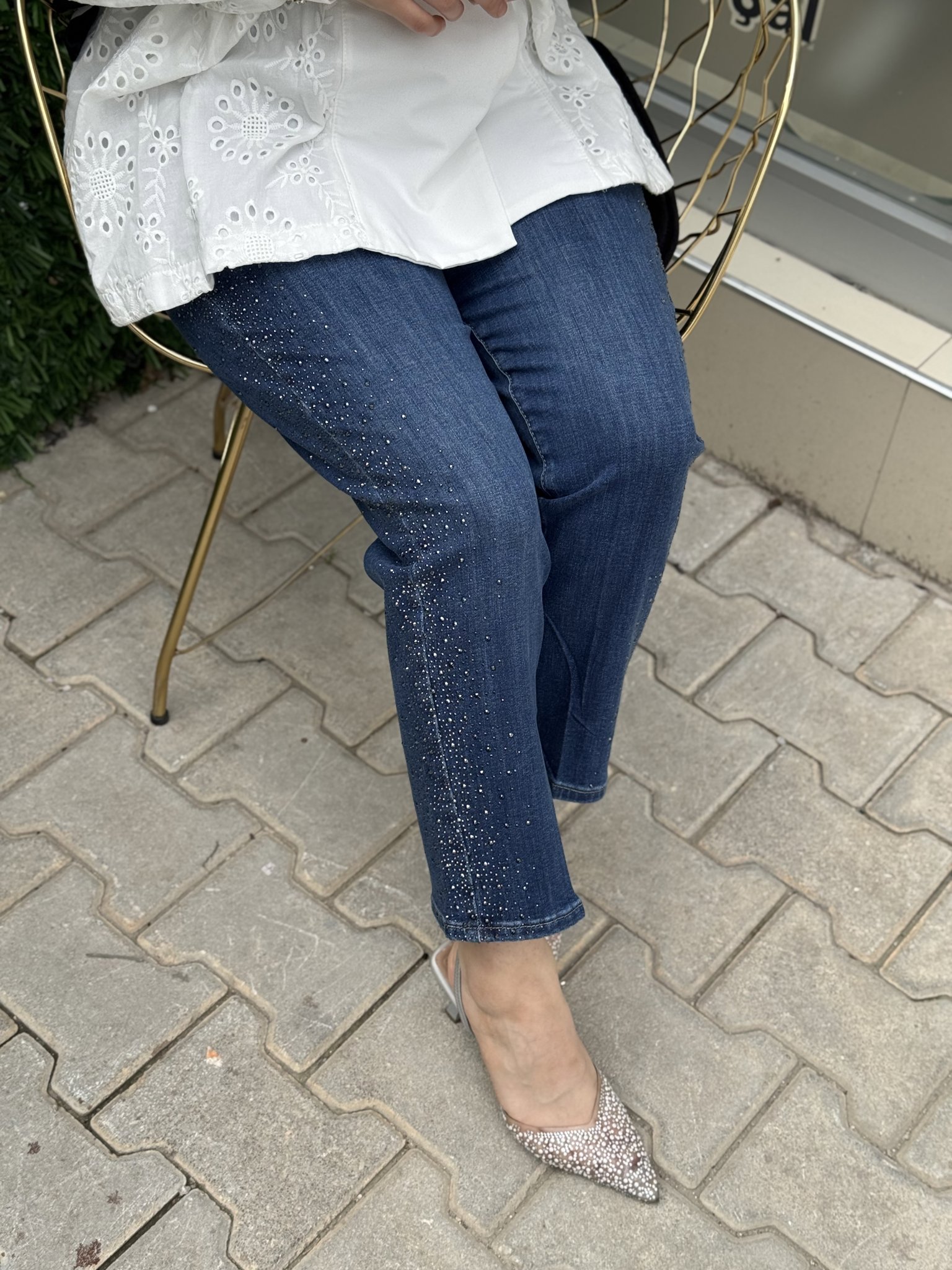 LA CARTE KENARI SERPME TAŞ SETAYLI MOM KESİM KOT PANTOLON resmi