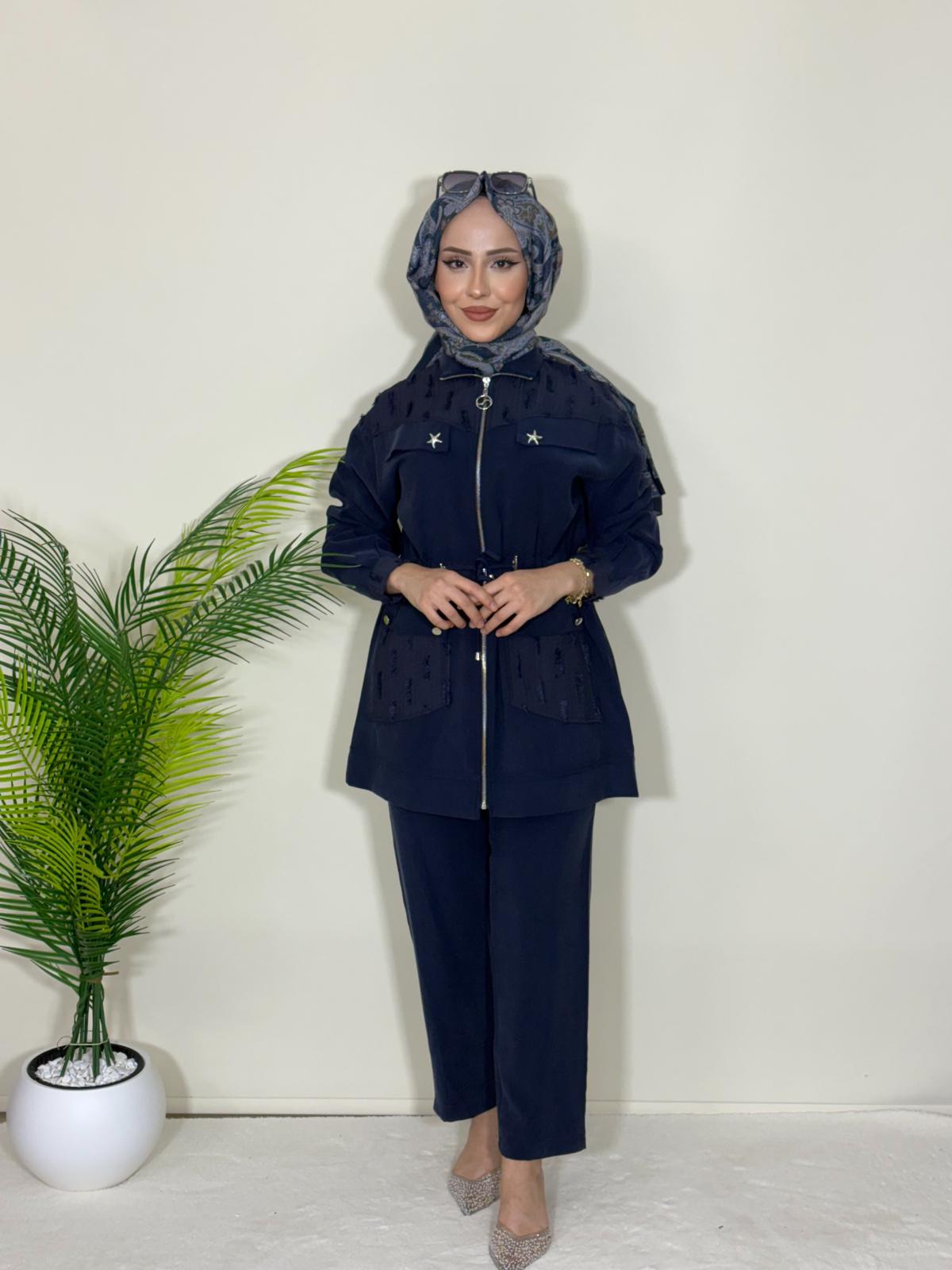 YILDIZ DETAY BEL BÜZGÜLÜ PANTOLONLU TAKIM resmi