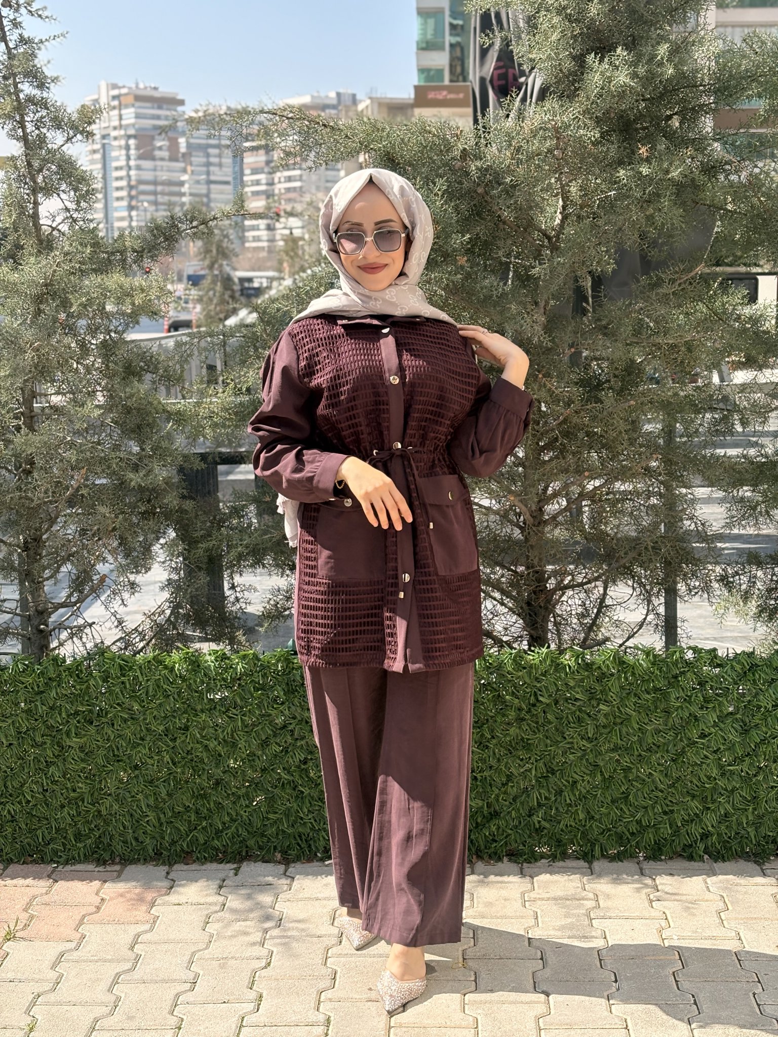 FİLELİ VE BEL BAĞLAMALI DETAY MODAL CUPRA PANTOLONLU TAKIM resmi